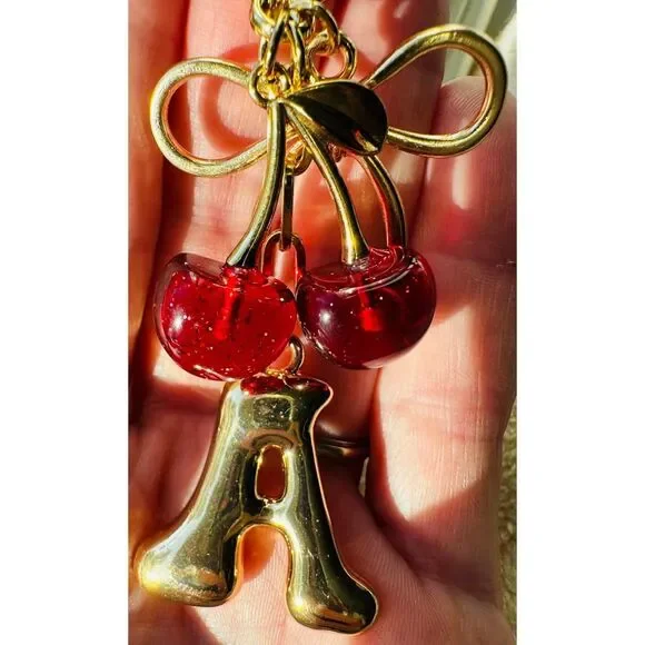 Bubble Initial Keychain Bow Cherry Gold Letter Bag Charm for Women Purse Handbag - Picture 3 of 7